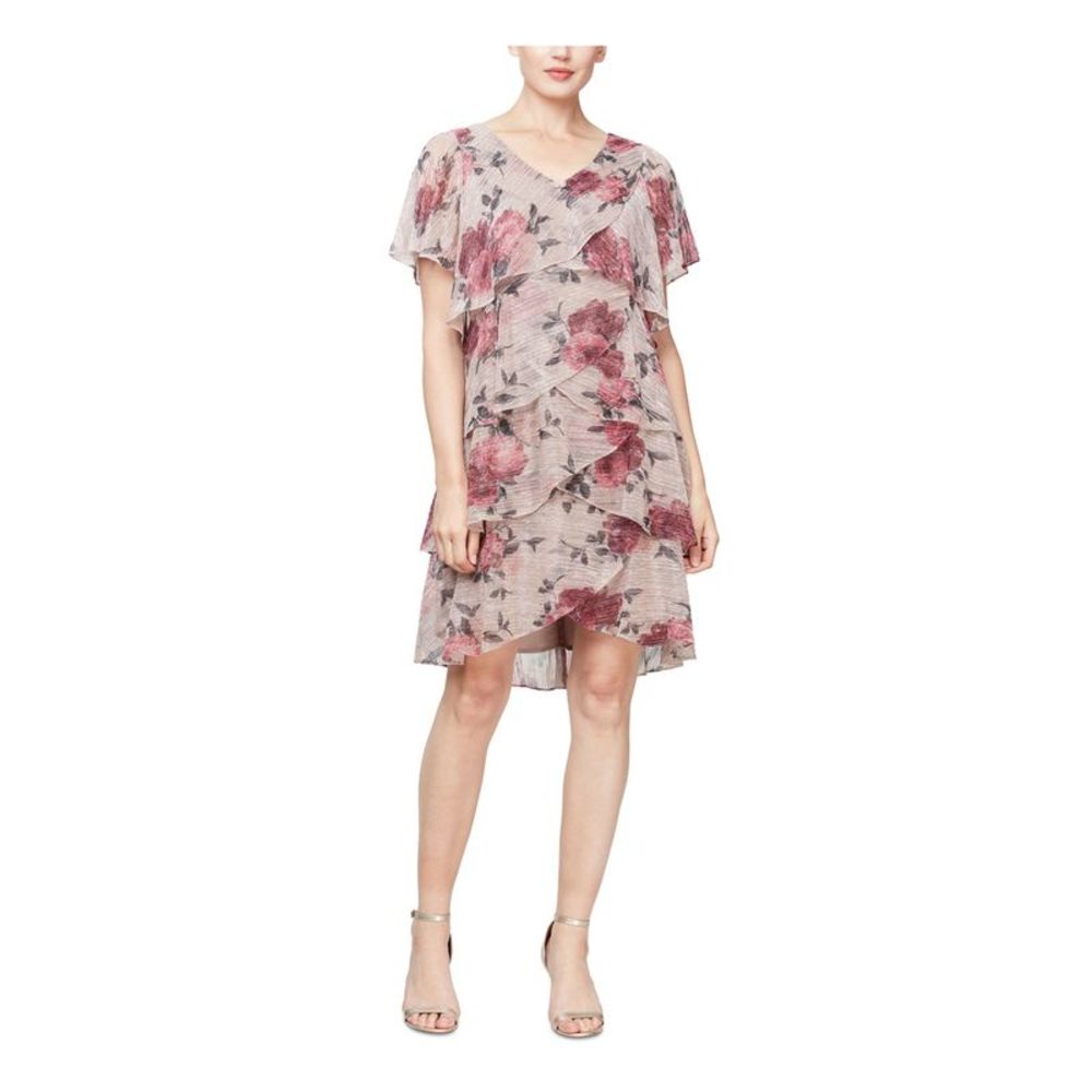 SLNY Womens Brown Flutter Sleeve V Neck Above The Knee Formal Sheath Dress 6